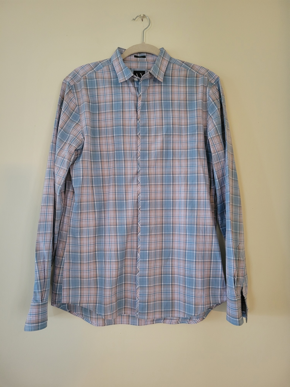 Armani Exchange Men's Plaid Button-Down Shirt - Light Blue & Light Pink M